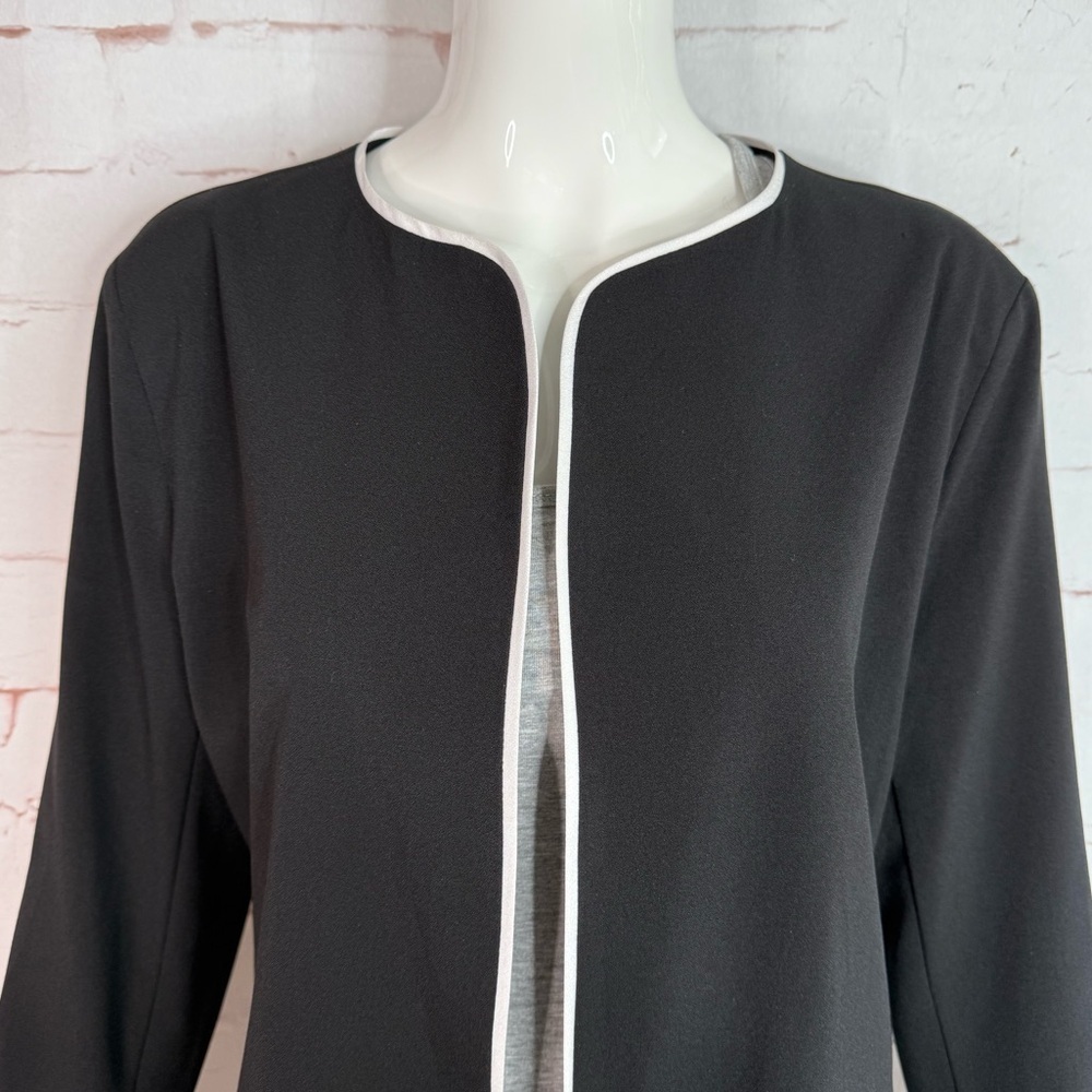 NY COLLECTION PETITE PL Black with White Piping Lightweight Open Front Blazer - Picture 3 of 15